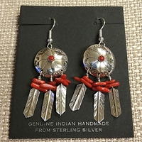 Earrings-Shield with Feathers, Coral  