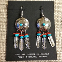 Earrings-Shield with Feathers, Coral & Turquoise 