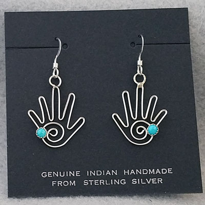 Sterling silver hand earrings by Marilyn Preston, Navajo.