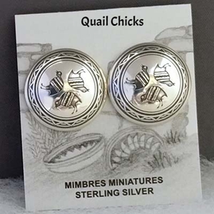 Sterling silver Mimbres post/clip earrings, 1 inch size, Quail Chicks design.