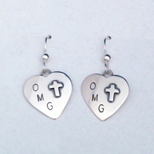 Sterling silver Heart & Cross/OMG Earrings.  Made in USA.