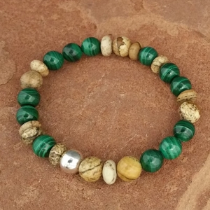 Natural Malachite and Picture Jasper Stretch Bead Bracelet
