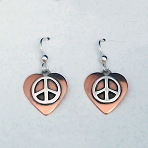 Copper Heart Earrings with Sterling Silver Peace Sign