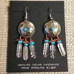 Earrings-Shield with Feathers, Coral & Turquoise 